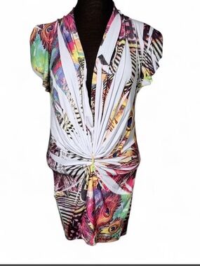 Y2K Made USA Peacock Print Plunge Mini Dress Large